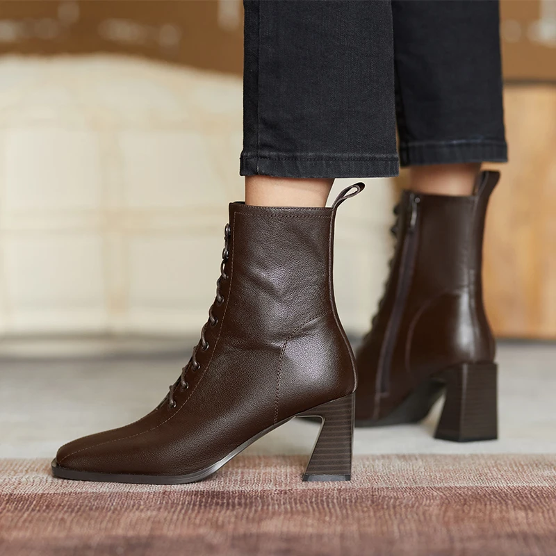 

Lace up zipper genuine leather cross-tied retro square toe 7cm thick high heel office women daily wear ankle boot XIU05 MUYISEXI