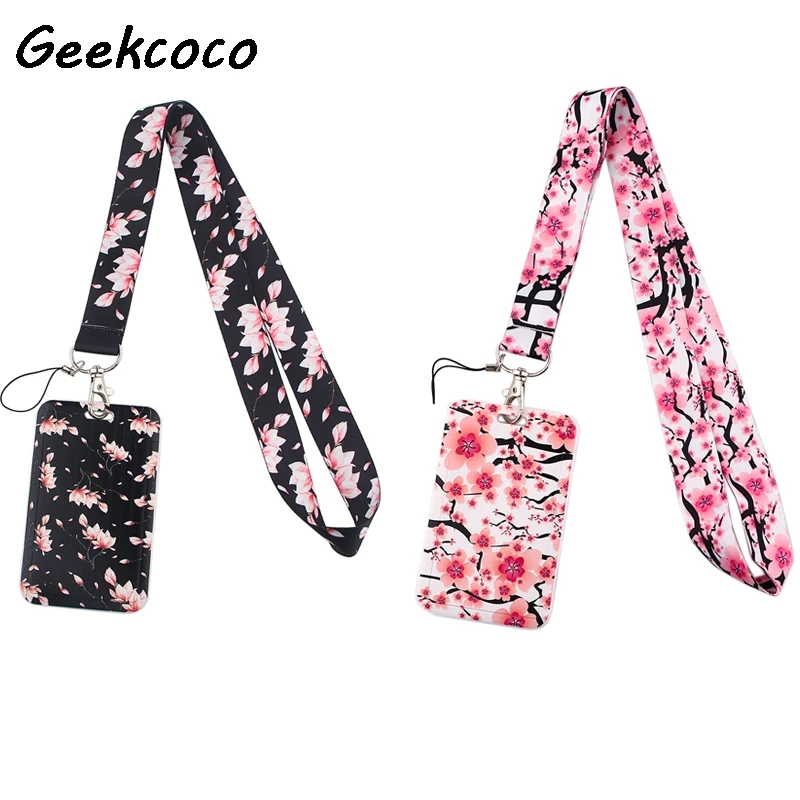 

20pcs/lot J2476 Cartoon Cherry blossoms Lanyard Keychain keys Badge Mobile Phone Rope Kids Gifts Lanyard With Card Holder Cover