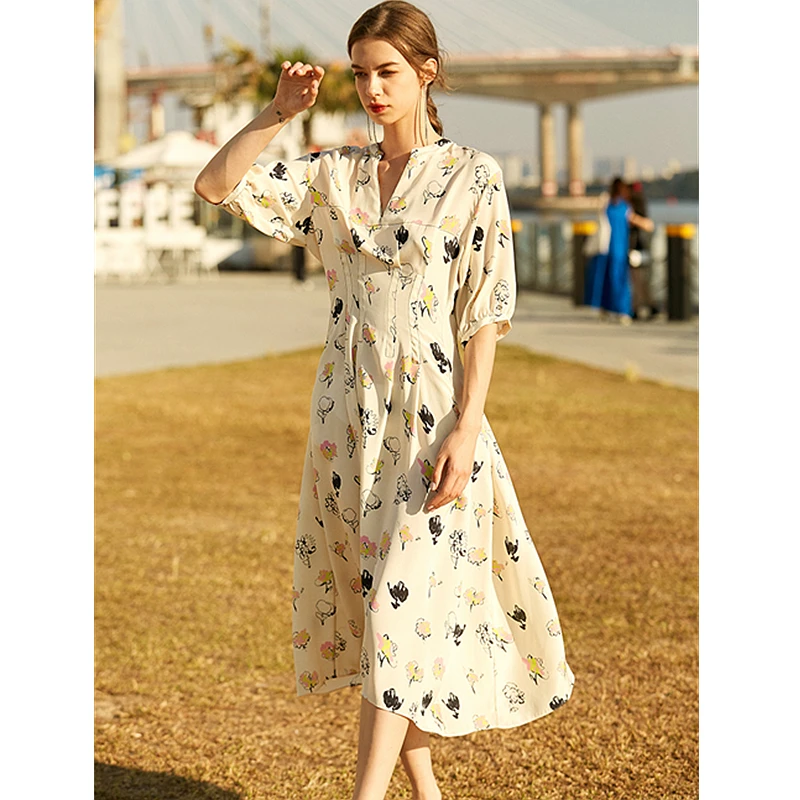 

Dress women 97% silk printed waist design v neck half puff sleeves pockets a-line casual style dresses ladies new fashion