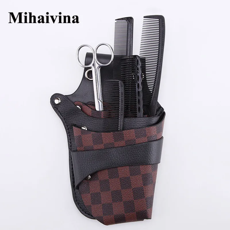 

Mihaivina Hair Scissors Bags For Hairdressers Salon Hair Tools Holder Bag PU Leather River Clips Waist Shoulder Belt Case Bag