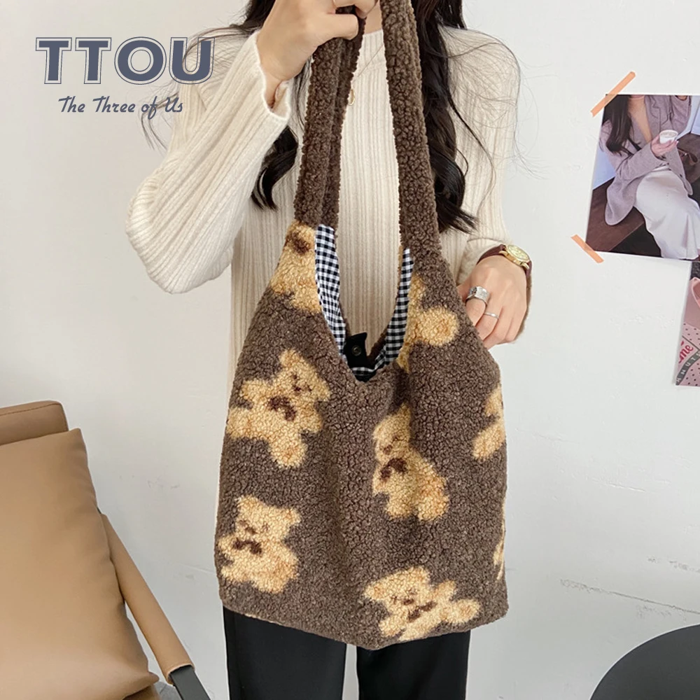 

Large Capacity Leisure Shoulder Bag for Women 2021 Autumn Trendy Bear Pattern Female Furry Shopping Handbag Portable Ladies Tote