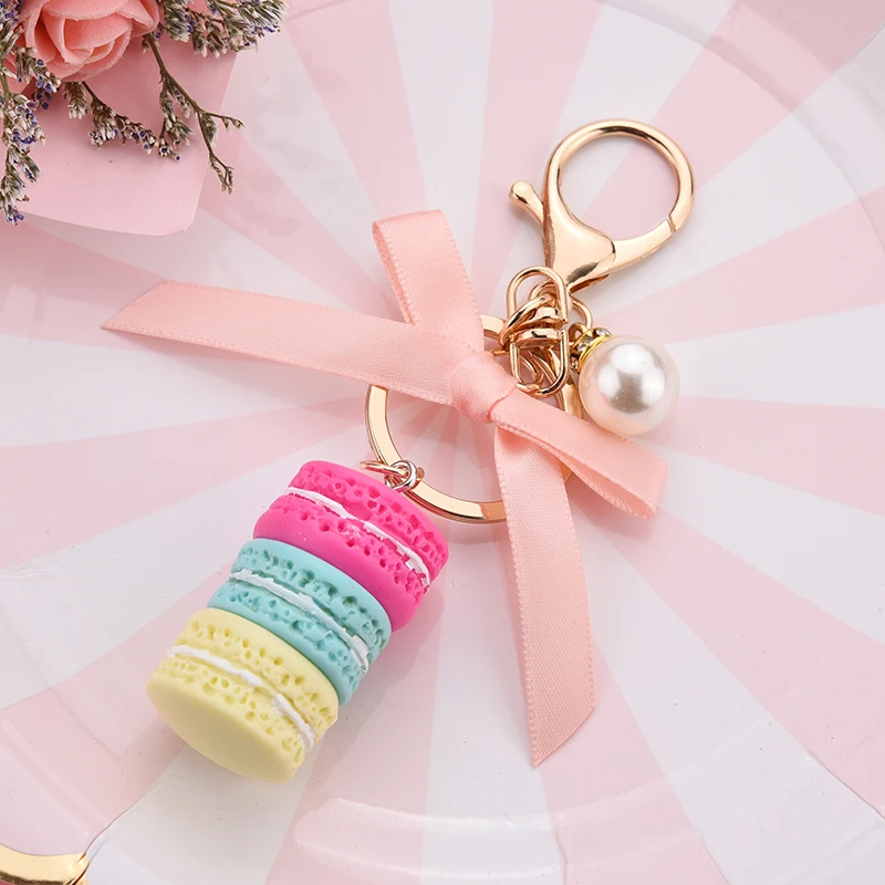 

New Women Macaron Cake Key chain with Bow Knot Keychain Charm Bag Pendant Key Ring Best Party Gift Women Jewelry EH102