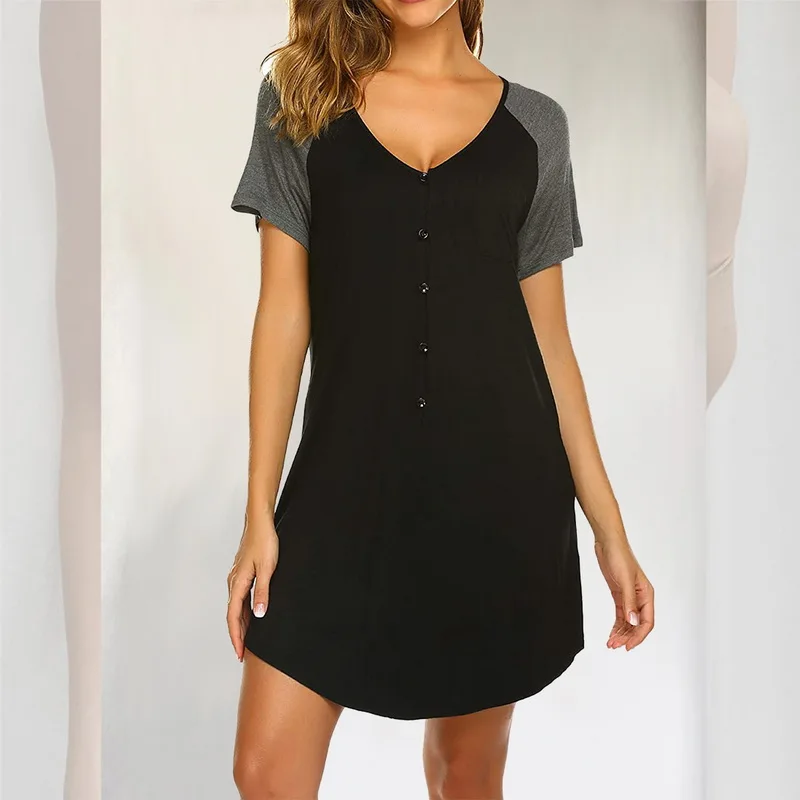 

Womens Sleepwear Short Sleeve Buttons Patchwork Loungewear Nightgown Soft Loose Romper Sleeping Dress pijama женское плае