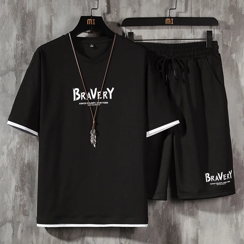 

Fashion Mens Sets Short Sleeve T-shirt + Shorts 2 Pieces Suit Male Summer Sportswear Casual Sweatsuit Track Shorts Men Clothing