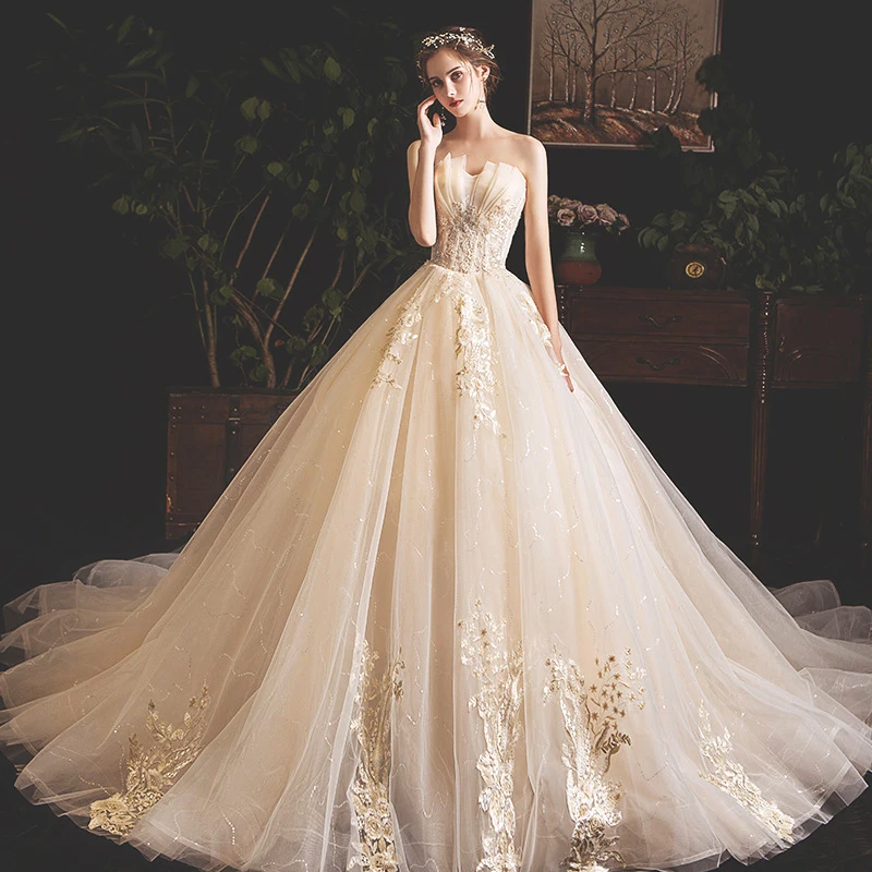 

Glitter Sweetheart Wedding Dress Sexy Robe De Mariage Doree Ivory Champagne Beads Appliques Vestido De Novia Bridal Gowns 2023