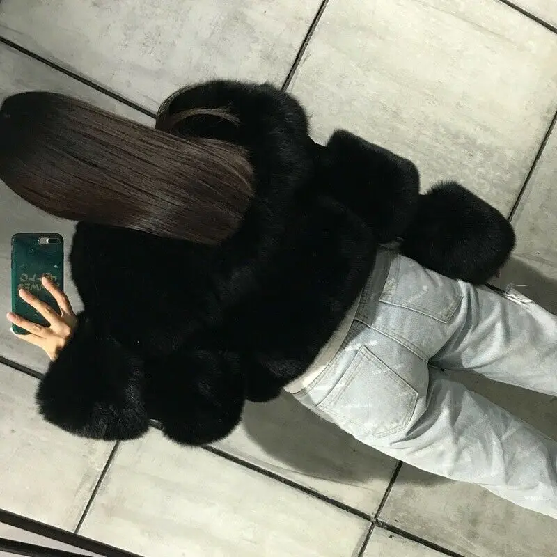 Fashion Black Genuine Leather Fox Fur Jacket Short Women Winter Outwear Thick Warm Natural Real Fox Fur Coats Trendy Overcoat