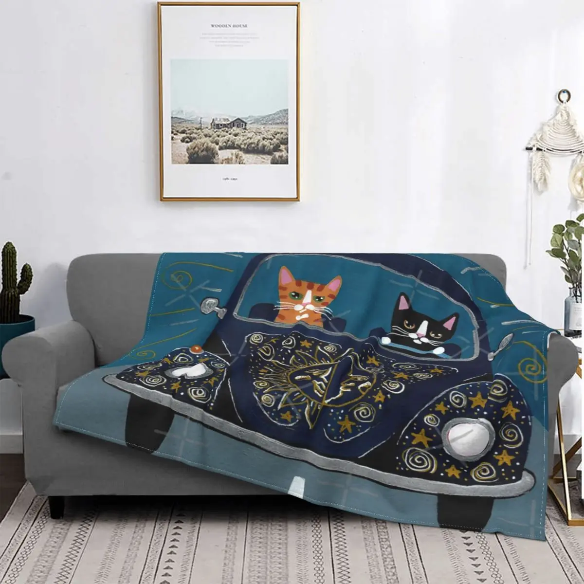 

Manta de verano con estampado de gato, colcha de lino con estampado de sol, estrellas y Luna, para cama y sofá