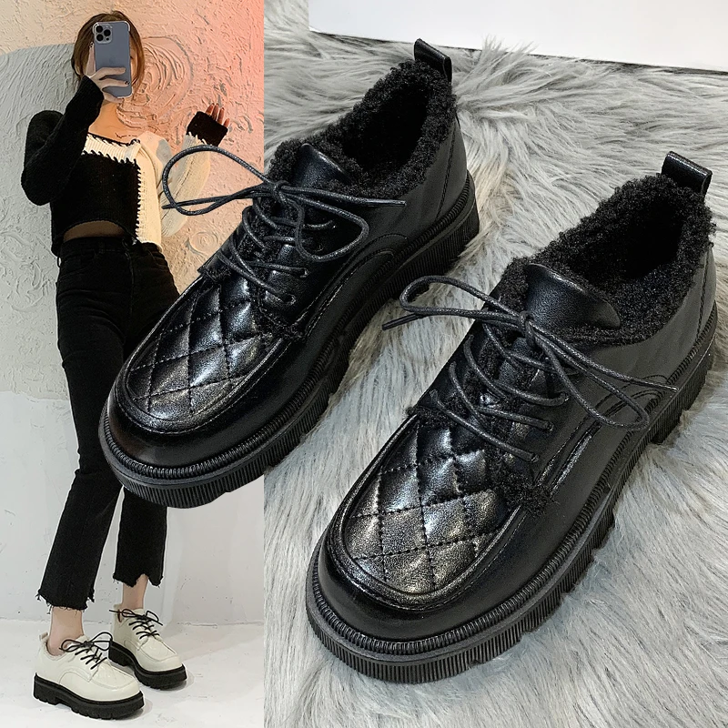 

Женские кроссовки с круглым носком, универсальные туфли-оксфорды на низком каблуке, повседневные кожаные кроссовки на платформе, новинка з...