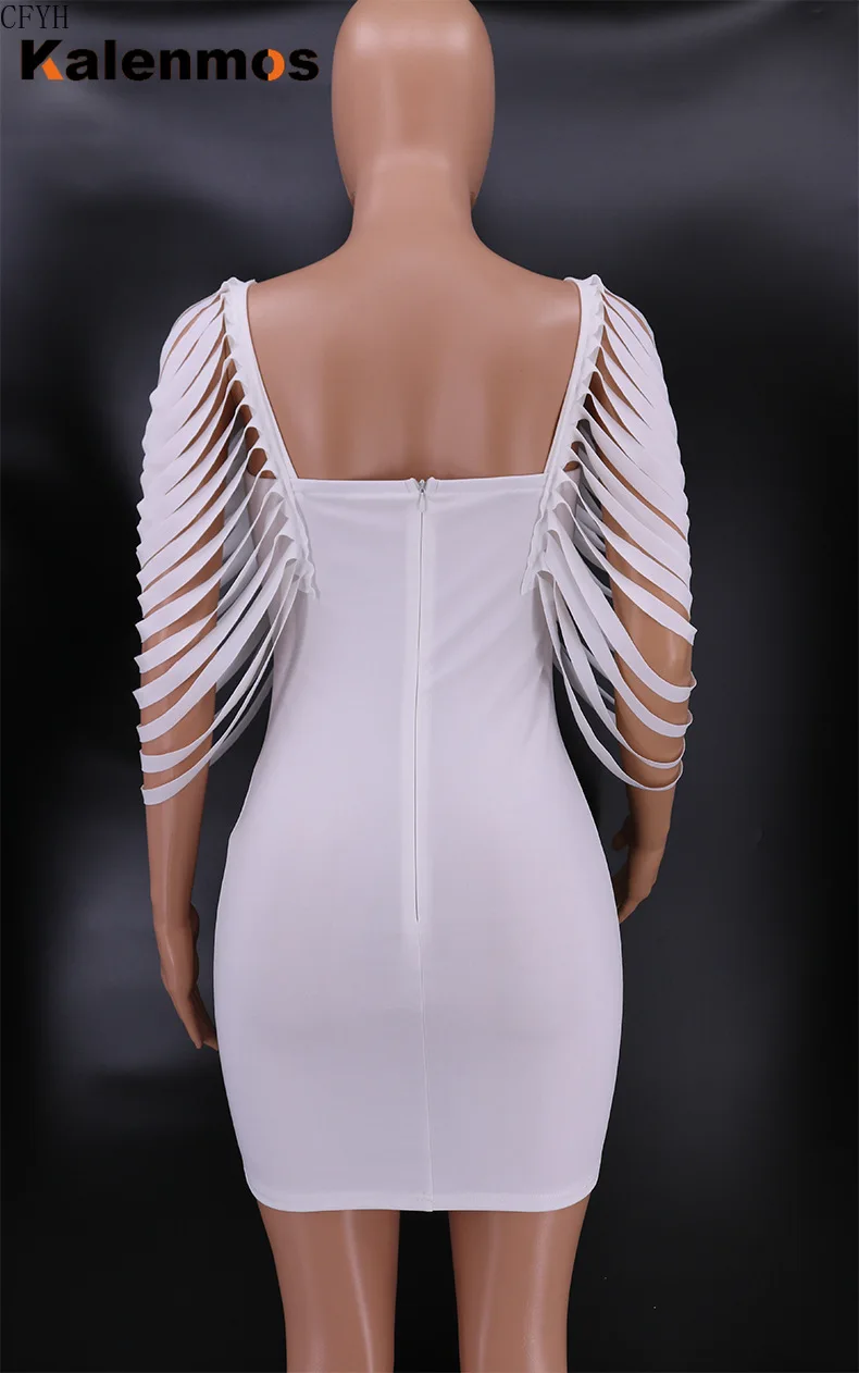 

KALENMOS Women Bandage Dress Vintage Tassel Sleeve Mesh Spaghetti Strap Bodycon Party Club Mini Sexy Bodycon Vestidos Streetwear