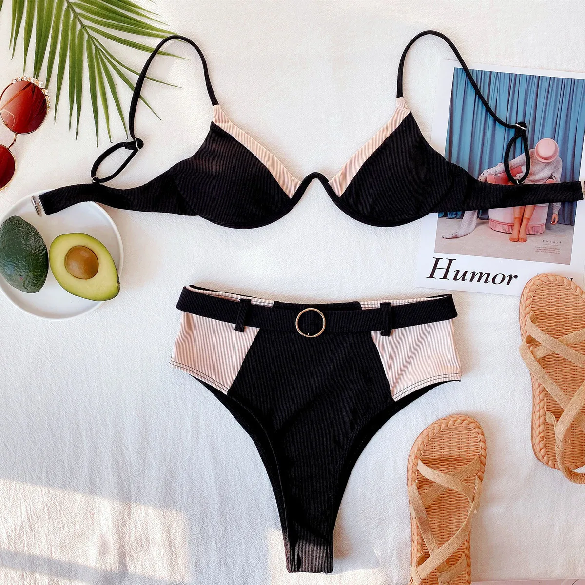 

2021 European and American split swimsuit high waist sexy beach swimwear stitching bikini