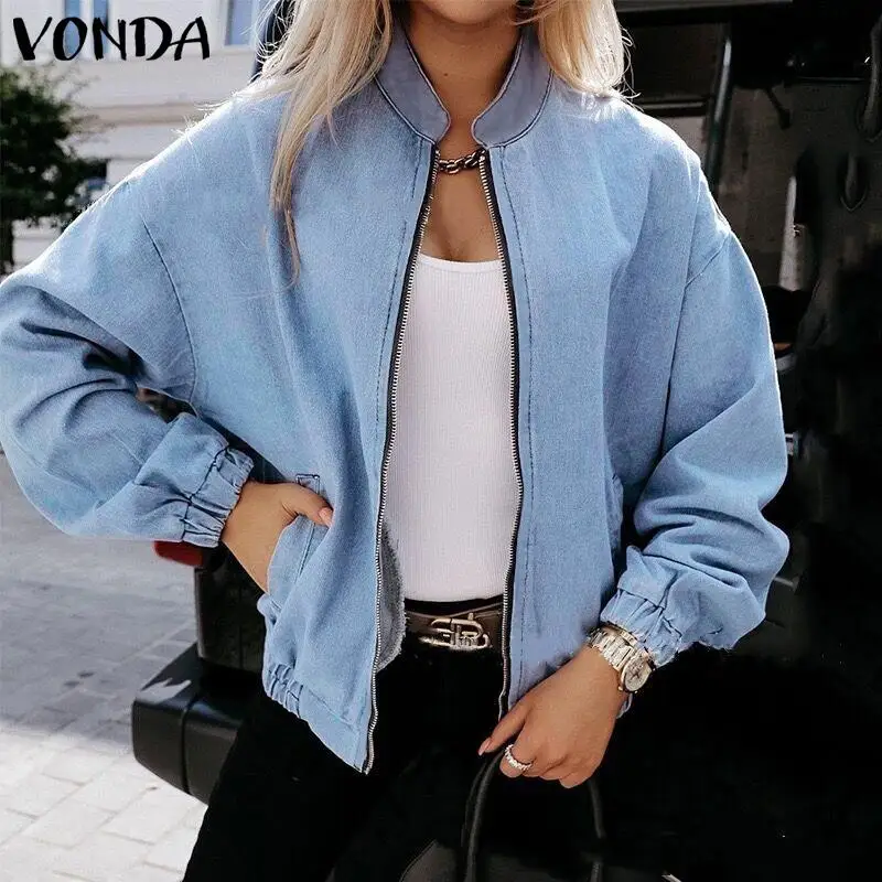 

Women Denim Coats 2021 VONDA Female Solid Color Casual Coats With Pockets Sexy V Neck Zipper Jackets Outwear Oversized Jackets