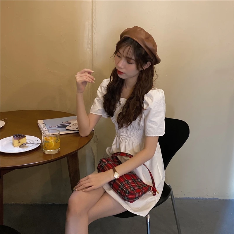 

Sweet Salt Waist-Tight Slimming Scheming Square Collar Puff Short Sleeve Dress Fairy Chic Gentle Ins