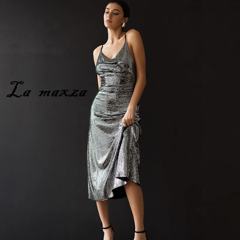 

Sexy Fashion Party Night Women Sequined Dress Elegant Summer 2020 Backless Spaghetti Straps Dress