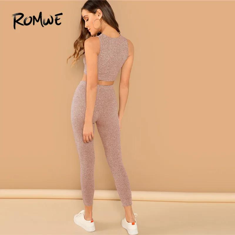 Romwe Спорт Серый шнурок Heathered из двух частей женский вязальный резервуар укороченный топ и леггинсы женские спортивные костюмы тренажерный зал обучение 2 шт