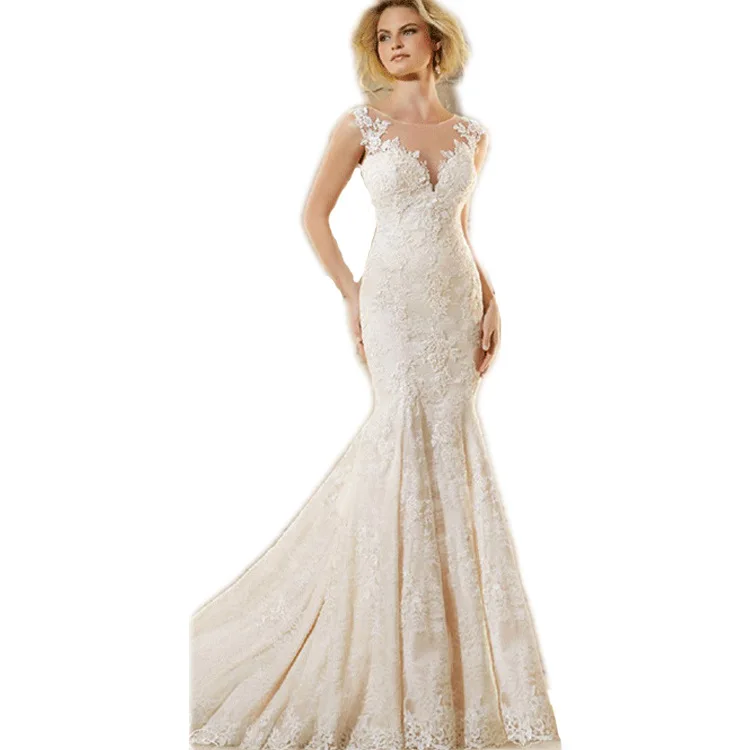 

Beauty-Emily 2020 New Long Mermaid Wedding Dresses For Women White Lace Appliques Open Back Illusion Bridal Gowns Wedding Party