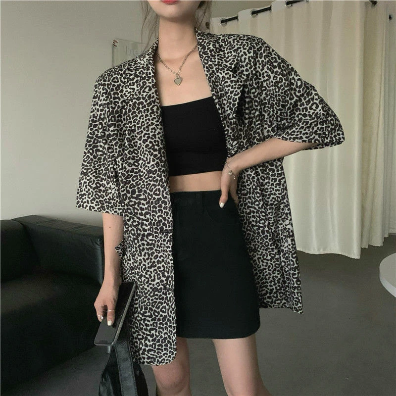 

Blazers Women Short Sleeve Leopard Vintage Harajuku BF High Street Outwear Notched Fashion Elegant All-match Cozy Retro Loose