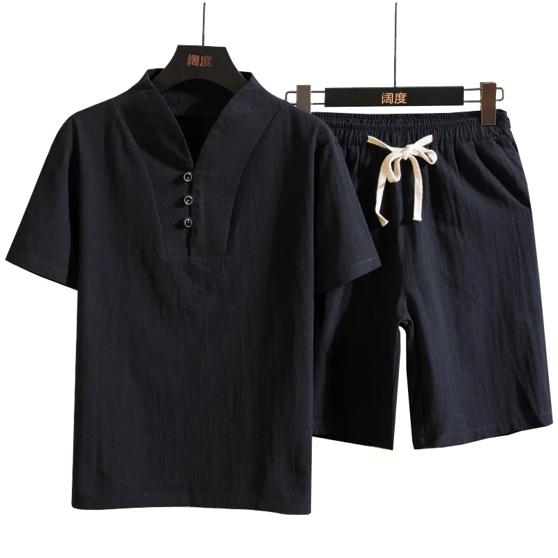 

Summer Linen Suit Men's Cotton and Linen Short-sleeved T-shirt Plus Size Shorts Youth Two-piece Urban Home Men's Clothing