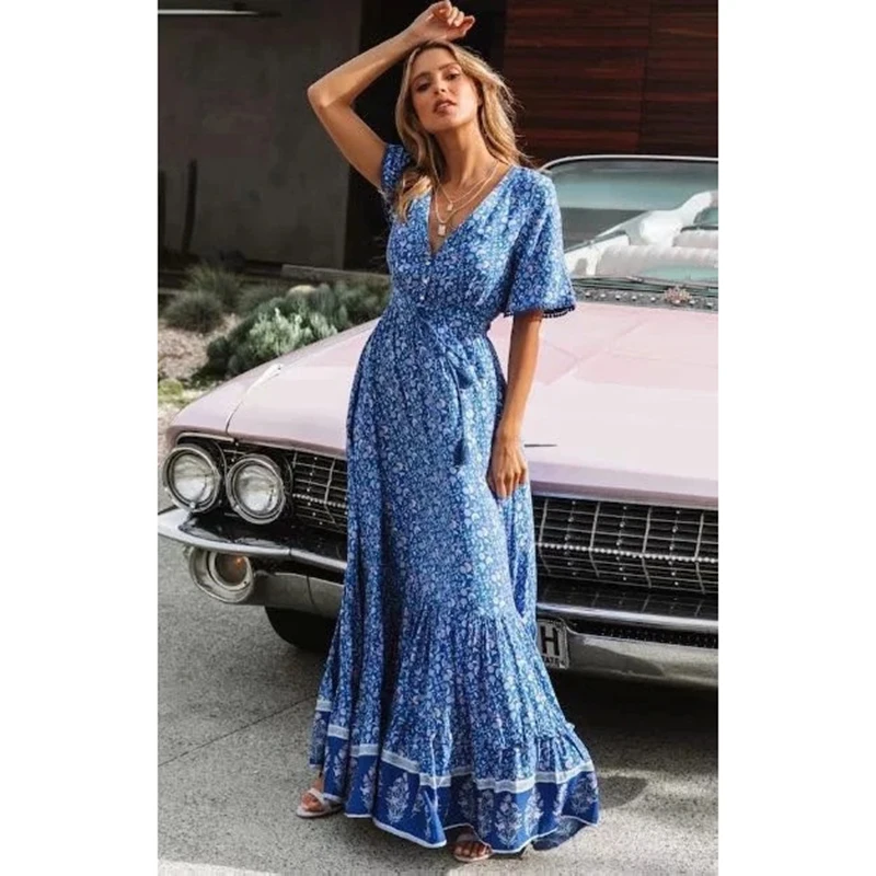 

Women Bohemian Print Dress Big V-Neck Beach Holiday 2021 New Spring Summer Fashion Hot Loose Blue Green S-2XL Feminina LD1597