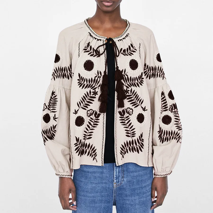 

Женская блузка с цветочной вышивкой Orgypsy, свободная Повседневная Блузка цвета хаки с длинным рукавом и круглым вырезом, винтажные хлопковые...