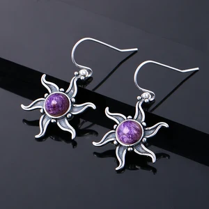 Винтажные висячие серьги Природный чароит, богемные, серебро 925 пробы, висячие серьги для женщин, ювелирные изделия, подарок на день рождения