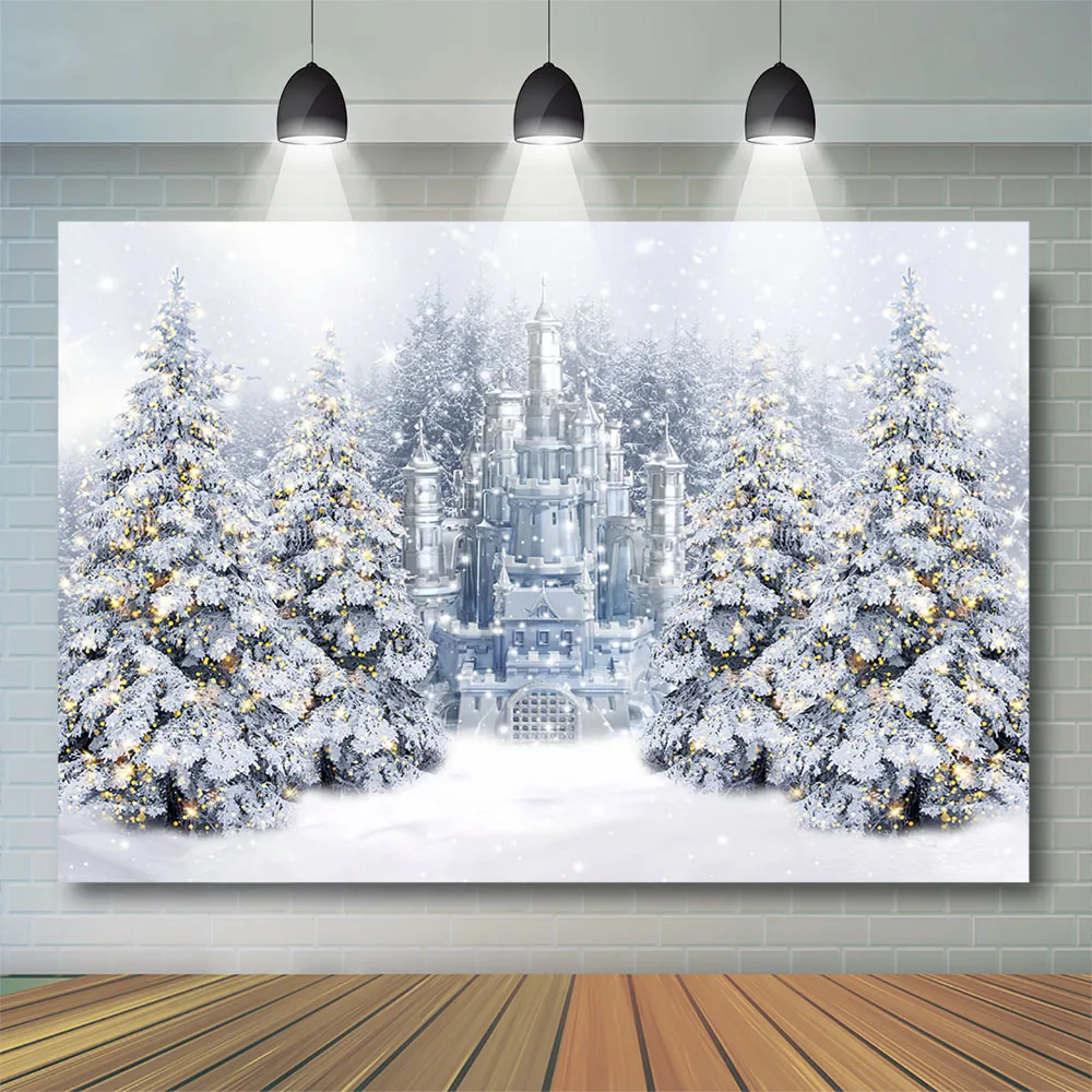 

Фон для фотосъемки детей и взрослых с изображением зимнего леса замка снежинки заснеженной сцены страны чудес