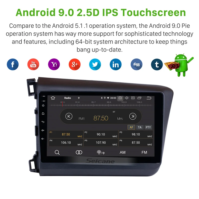 Seicane 1024*600 мультитач Android 9,0 Bluetooth gps система автомобиля радио для 2012 Honda Civic поддержка OBD2 3g WiFi 1080P DVR