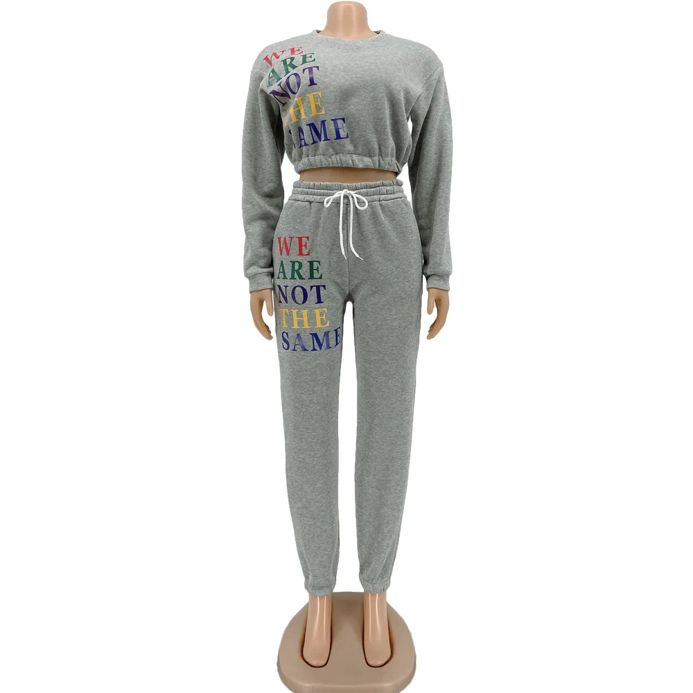 

ChocoMist Two-piece Casual O Neck Letter Print Grey Two Piece Pants Set8109