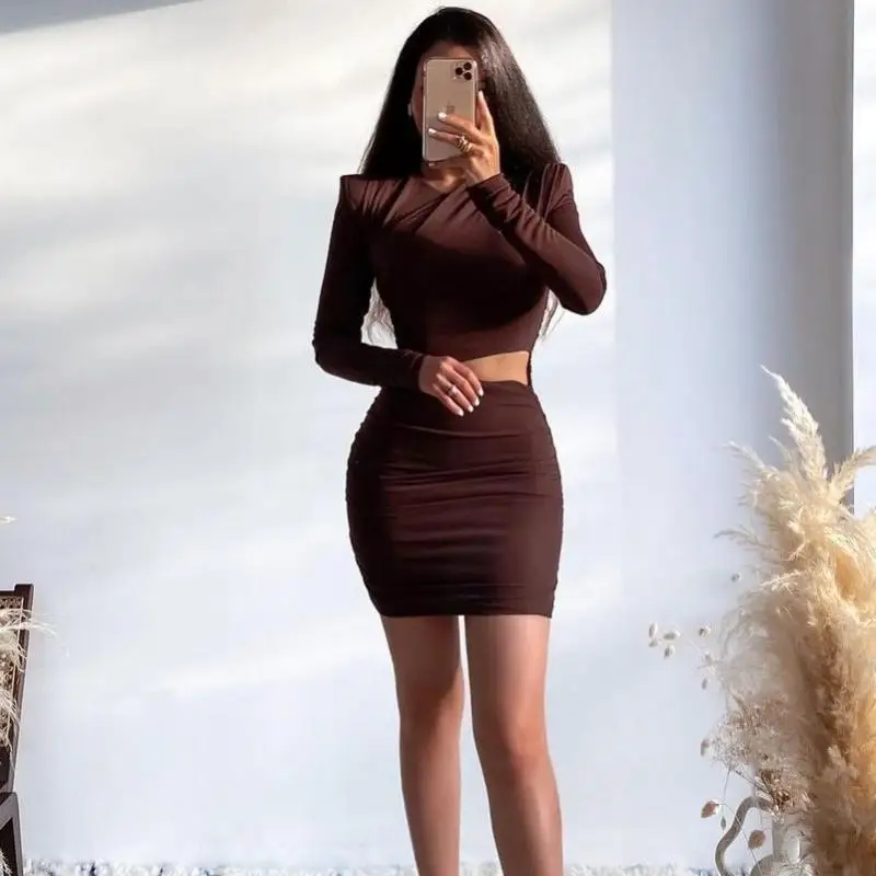 

Elegant Party Dress 2022 Hollow Out Bodycon Robe Mini Sexy Women Dress Club Wear Winter O Neck Solid Long Sleeve Female Vestidos