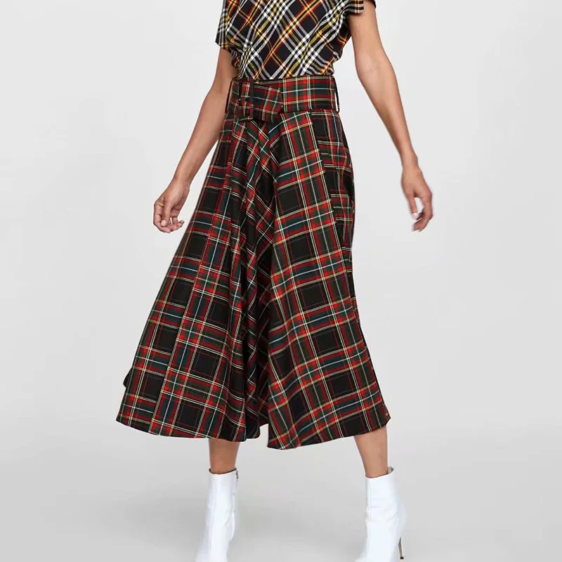 Высокая талия боковая молния винтажная нежная клетчатая с поясом миди юбка