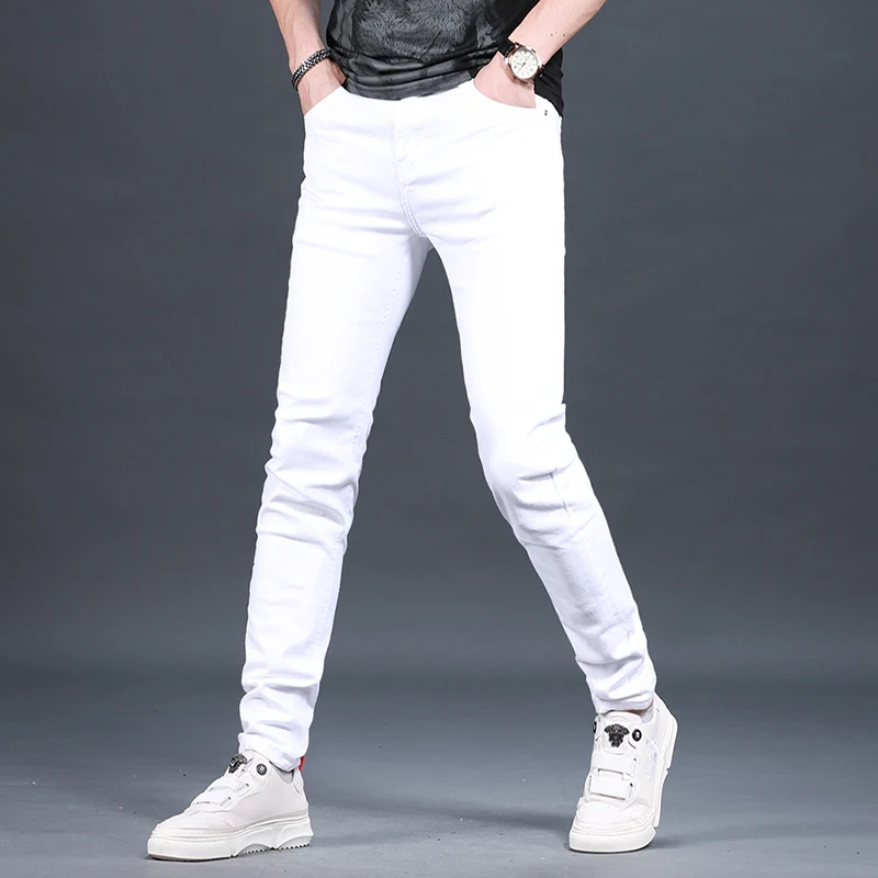 Summer Men's Slim Fit White Jeans Fashion Korean Style Cotton Lightweight Denim Pants
