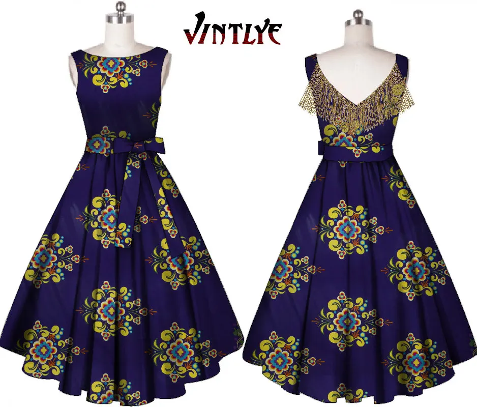 

Women Sleeveless Dresses Fashion African Print Dresses Ankara Africa Style Women Clothes V-neck Knee Length Dresses WY606