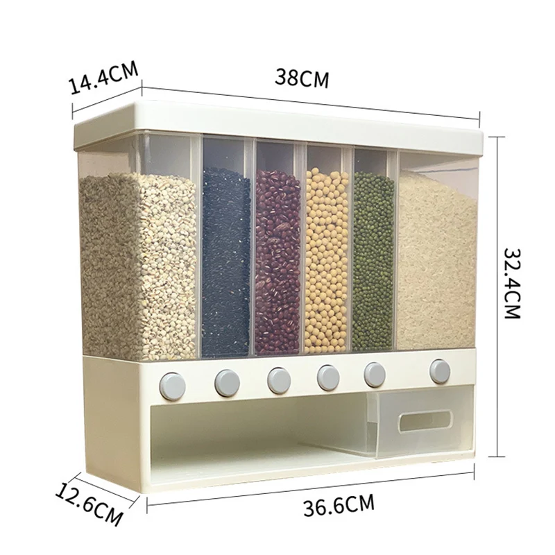 

Wall-mounted Dry Food Dispenser Rice Bucket Multi Compartments Automatic Metering Storage Box Sealed Grain Container Hog