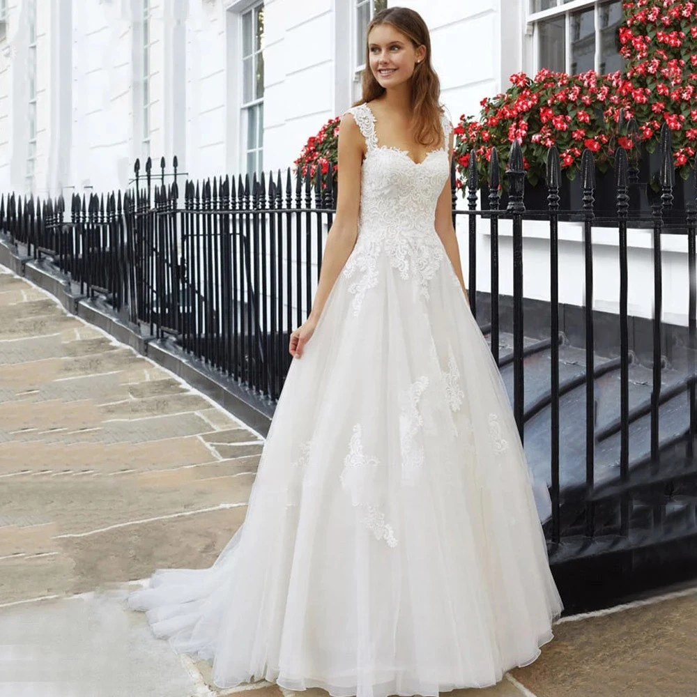 

Sweetheart Weddding Dresses 2021 Lace Appliques Wide Straps A Line Tulle Sweep Train Bridal Gowns Vestidos De Novia Custom