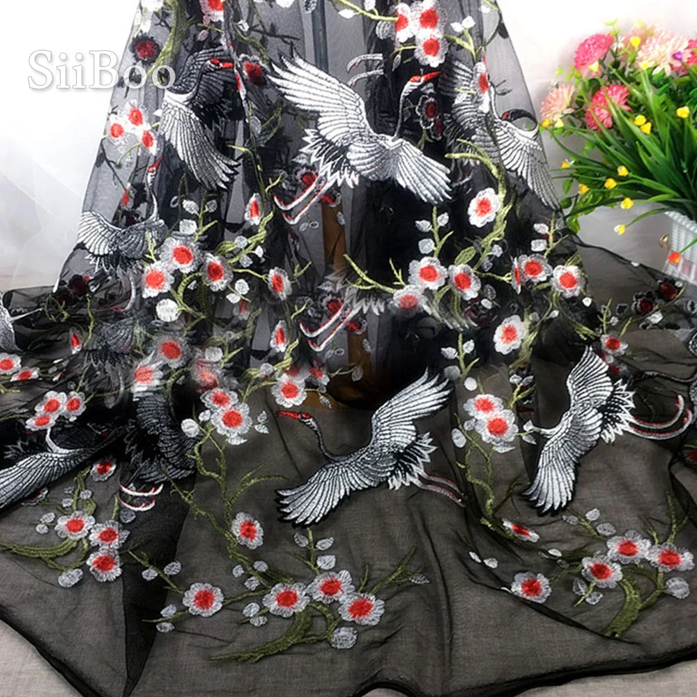 Элегантная сетчатая кружевная ткань с цветочной вышивкой журавля для свадебного