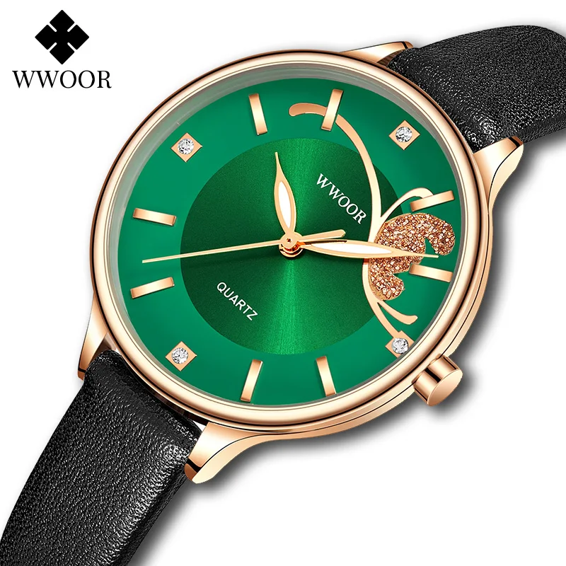

WWOOR 2021 New Design Women Fashion Green Watch Women Dress Quartz Watch Ladies Casual Leather Waterproof Wristwatch Reloj Mujer