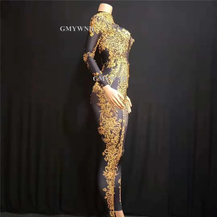 W82 сексуальное платье для танца на шесте Стразы комбинезон золотистого и черного