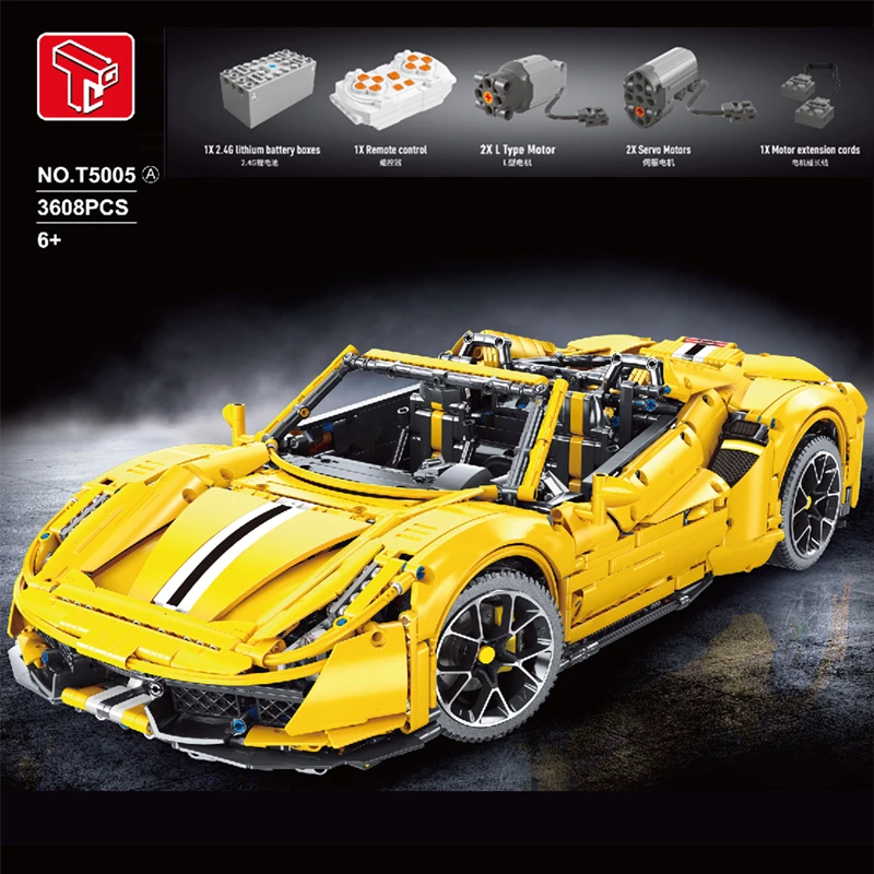 Construcci&oacute;n del coche de carreras T5005, 3608 Uds., alta tecnolog&iacute;a, amarillo, 488, Pista, deportes, modelo 1:8, con Motor, bloques de construcci&oacute;n, juguetes, regalo-0
