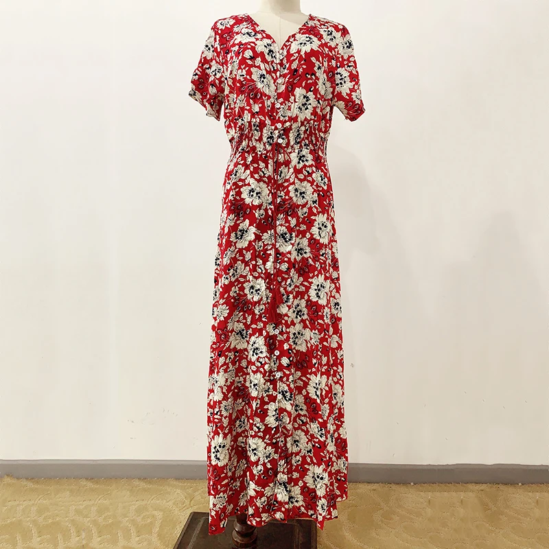 Женское платье с V-образным вырезом AECU летнее пляжное длинное из хлопка коротким