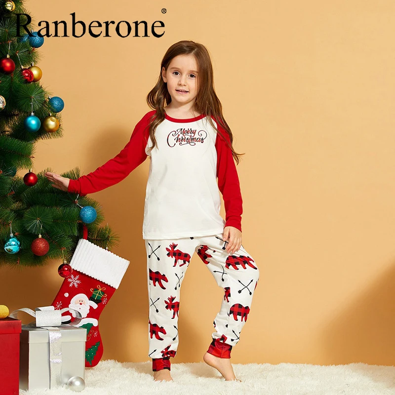Ranberone Splicing Tracksuit Printing Kids Family Christmas Set Breathable Health Long Sleeve And Trousers Family Suit Mother