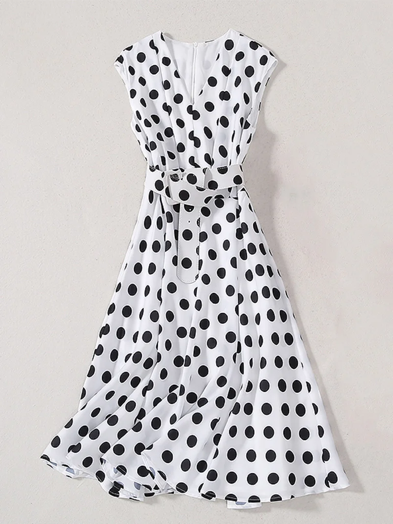Queen Letizia Ortiz Rocasolano Polka Dot Print Women Dress V-Neck Maxi Dresses