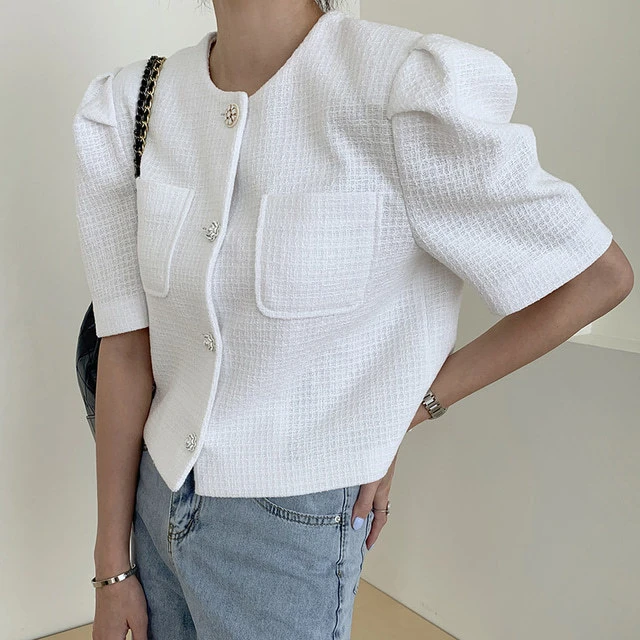 

SuperAen Summer New Pearl Single Breasted Solid White Casual O Neck Jacket Women