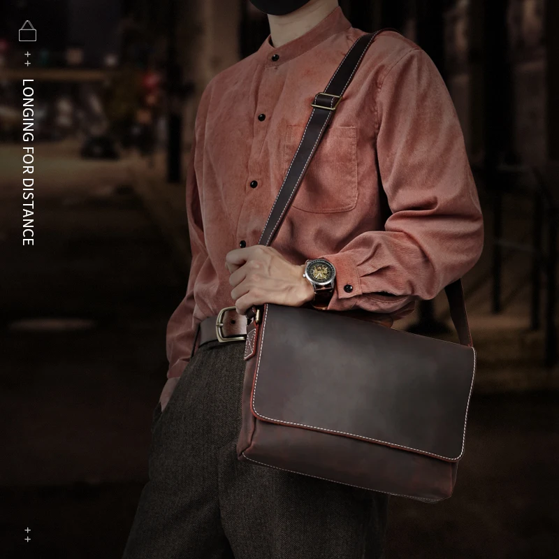 Handmade leather men's bag Vintage men's briefcase Large Capacity Office Shoulder Bag Ipad Men's handbag
