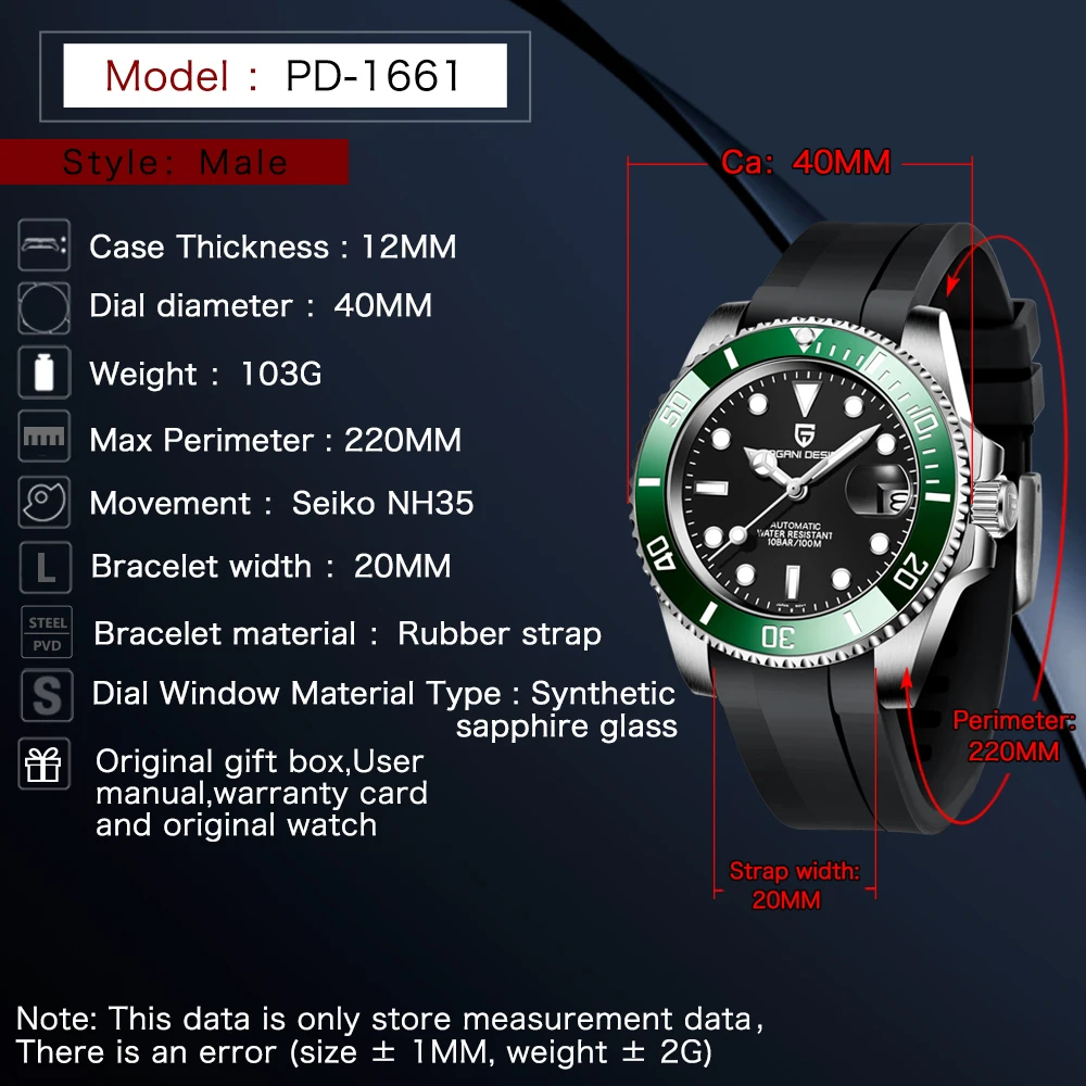 PAGANI DESIGN 2021 Новый сапфировое стекло 40 мм Мужские автоматические механические часы