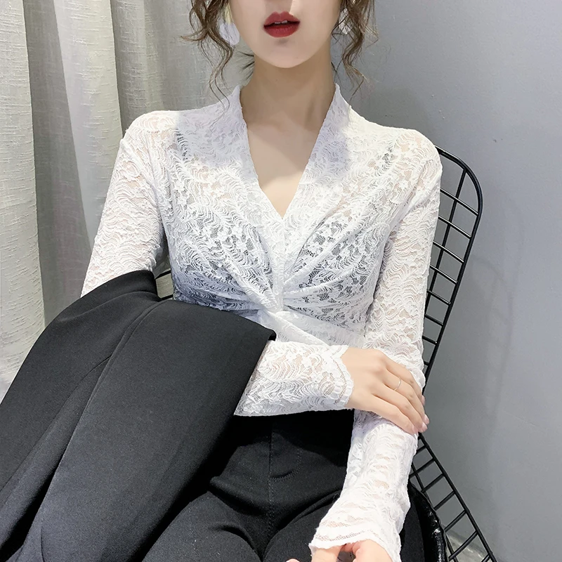 

Long Sleeve Sexy Hollow Lace Blouse Shirt Tops Blouse Women Blusas Mujer De Moda 2021 V-Neck Black Blouse Women Blouses E153