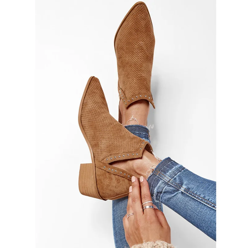 

Женские ботильоны miaoguan 2021 года на низком каблуке, женские ботинки с острым носком, женские ботинки ручной работы с заклепками, женская обувь...