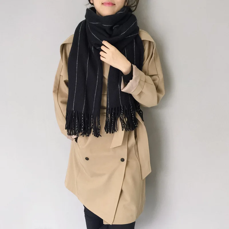 

New Faux Wool Scarf Neck Warmer Women Black Echarpe Wraps with Tassel Scarves Large Foulard Femme for Ladies
