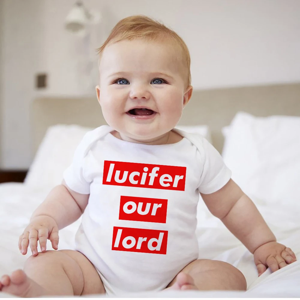 

Novelty 2021 Newborn Baby Clothes Lucifer Our Lord Printed Baby Boy Romper White Oversize Baby Girl Onesie European Harajuku