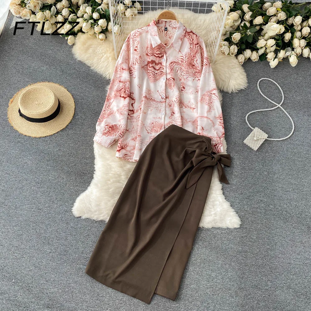 

Элегантные французские комплекты из двух предметов, Женская Повседневная Блузка с винтажным принтом на весну и осень, кружевные костюмы с в...