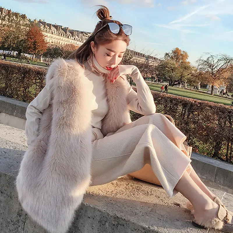 

New Luxury Middle-Long Faux Fox Fur Vest Women Waistcoat Fake Fur Coats High Quality Fur Gilet Warm Fur Coats Women Y259