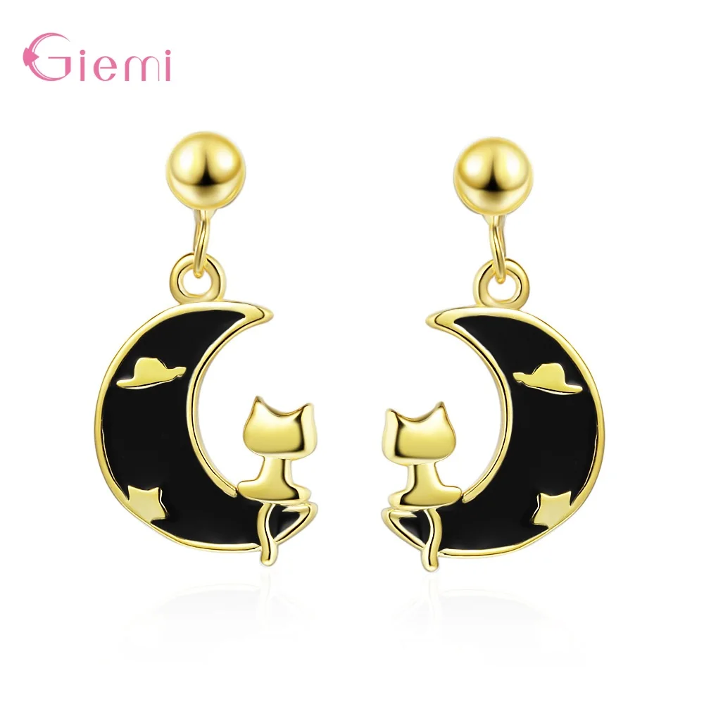 

925 Sterling Silver Moon And Cat Patter Stud Earrings For Women Stone Ear Pins Wedding Birthday Accessories Fine Jewelry